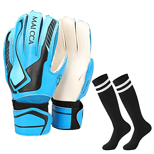 Villavivi 2 Artículos De Portero: Guantes De Portero De Fútbol con Protectores para Dedos + Calcetines De Fútbol para Niños, Niños (Azul, 10)