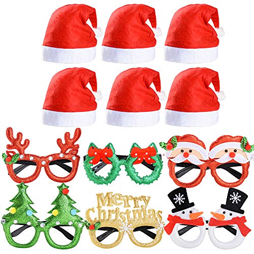 VINFUTUR 6pcs Gafas de Navidad para Disfraz Gafas Fiesta Divertidas+6pcs Gorros Navideños Sombreros para Navidad Accesorios de Fiestas Artículos para Photocall