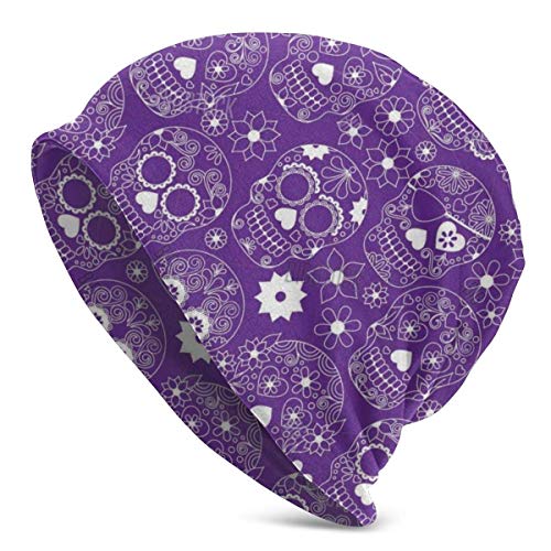 Viplili Gorro de Abrigo, Purple Floral Sugar Skull Women Men Gorro de Lana Hip-Hop Skullcap Baggy Gorro de Punto Hip-Hop Winter Hat for Daily Travel