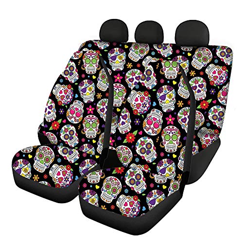 Woisttop Juego de 4 fundas para asiento de coche, diseño de calavera de azúcar, juego completo, ajuste universal, para la mayoría de coches, SUV, furgonetas, camiones