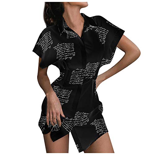 YANFANG Vestido de Manga Corta con Estampado de Moda para Mujer por Encima de la Rodilla Vestidos de Camisa Informal,Mini Vestido de túnica de Manga Corta,Black,M