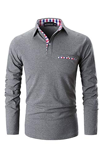 YCUEUST Polos Hombre Mangas Largas Camisas Algodón Slim Fit Camiseta Golf Clásico T-Shirts Gris Large