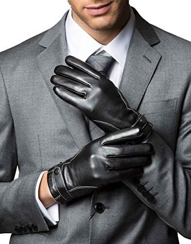 YISEVEN Guantes Hombre Pantalla Táctil Invierno de Cuero de Oveja Piel de corder Dedo Completo Cálidos Forroda de Lana Largo Térmico Muñeca con de cinturónde botón Conducción moto Ciclismo regalo