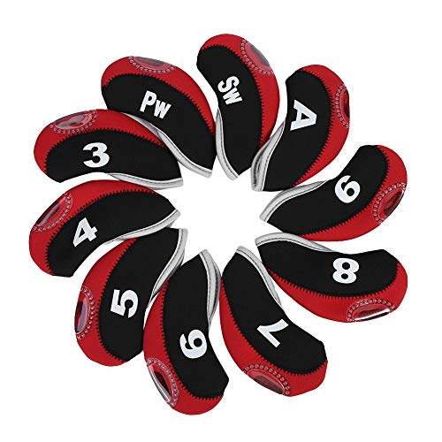 Yosoo Health Gear Fundas para la Cabeza de Golf, 10 Piezas de Fundas sintéticas Gruesas para Palos de Golf, Fundas de Hierro para Golf, para Exteriores(Negro + Rojo)