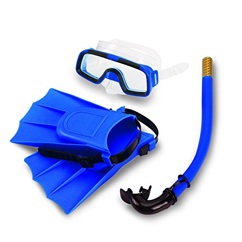 Yosoo Juego de aletas de silicona para niños + gafas de buceo + máscara de esnórquel + juego de silicona para pies de 8 a 12.5 (azul)