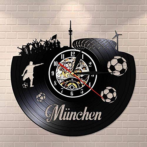 ZZLLL Fútbol Munich City Skyline Reloj de Pared silencioso Nacional Los fanáticos del Estadio celebran el Campeonato Mural Reloj de Vinilo con Registro Reloj de Pared