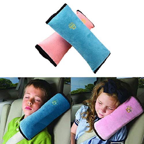 2Pcs Almohadilla Cinturon Seguridad Para Niños y Bebés,Cinturón de seguridad para niños cinturones de seguridad de coches Protector de hombro almohada (Azul & Rosa)