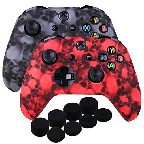 9CDeer 2 Piezas de Silicona Transferencia de Agua Protector Manga Caso Cubrir Piel Cover Skin + 8 Thumb Grip Puños de Pulgar Gorras Analógicas para Mando Xbox One/S/X,Cráneo Negro y Rojo