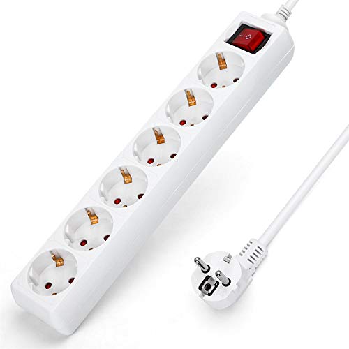 Aigostar Regleta alargador de 6 enchufes con cable de 1,5 metros e interruptor. Color Blanco