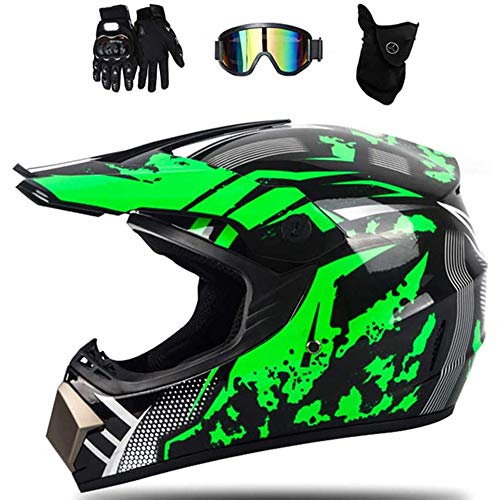 AKBOY Casco de Motocross, Casco de Motocicleta de Cara Completa, Guantes Motocicleta ATV Quad Bicicleta go Casco de Kart Helmet para Adultos, Gafas, máscara de 4 Piezas Set (52~59CM) Verde Negro,S