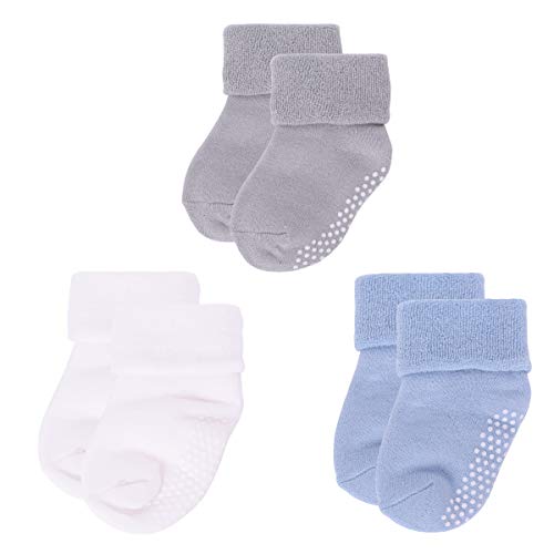 ANIMQUE 3 pares calcetines antideslizante para bebés Invierno 0-12 mesi Niños Niñas pequeños Calcetines gruesos cálidos Inicio Respirable Cómodo, grupo gris blanco azul