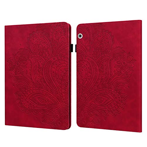 C/N DodoBuy - Funda para tablet Huawei MediaPad T3 10 de 9,6 pulgadas, diseño de flor de pavo real en relieve con tapa magnética, función atril, ranuras para tarjetas, color rojo