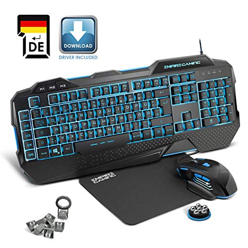 EMPIRE GAMING - PC-Gamer-Pack Hellhounds Deutsch - Tastatur Maus Mausmatte - mit Software individuell einstellbar - LED-RGB-Rückbeleuchtung - 7200 DPI - mit Windows kompatibel