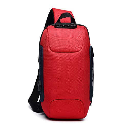 FANDARE Nuevo Bolsa de Pecho Antirrobo Bolsa Deportiva de Hombro Hombre Bolsa de Honda Mochila con Cerradura de contraseña/USB,para Acampada,Viaje,Ciclismo,Senderismo Impermeable Poliéster Rojo