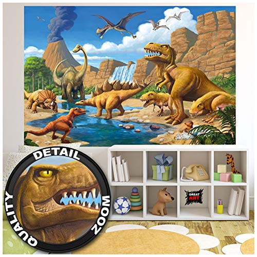 GREAT ART® Mural De Pared Cuarto De Los Niños – Adventure Dinosaur – Mundo De Los Dinosaurios Tyrannosaurus Rex Cascada Estilo Jungla De Cómic Niños Y Niñas (210x140 Cm)