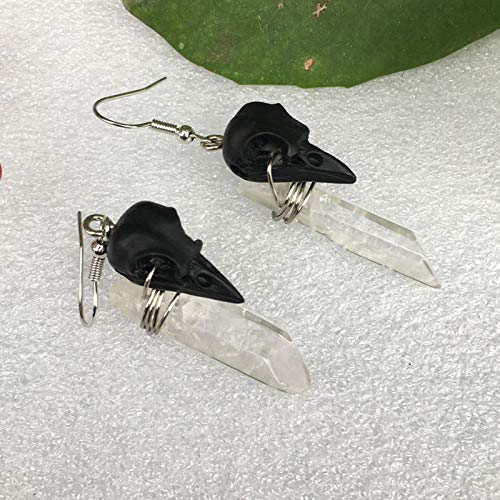 Heli Mini Calavera de Cuervo Negra con Pendientes de Cuarzo Pendientes de Calavera de Cristal - Cuervo de Cuervo de Hueso de Bruja gótica