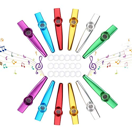 Herefun 12 Piezas Kazoos Metal Kazoo Instrumentos Musicales Flauta Kazoo Flauta Kazoo con 18 Membrana Kazoo Adicional para Guitarra, Violín, Piano Teclado - 6 Colores