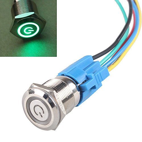 HiLetgo 16MM Latching Pushbutton Switch 5/8" 12V-24V 5A Power Angel Eye LED Light Metal Toggle Switch with Wire Socket Plug Green Light Button