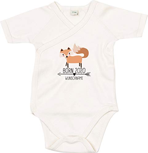 Kleckerliese Body para bebé con texto en alemán "Born 2020", manga corta, diseño de animales, flecha, nombre personalizado, animales, zorro natural 3-6 Meses