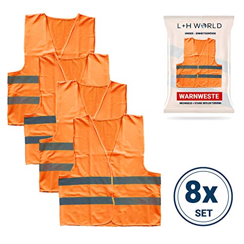 L + H 8 chalecos de advertencia para coche, color naranja, EN ISO 20471:2015, reflectante 360 grados, lavable, unisex, chaleco de seguridad para coche, coche, moto, calidad premium