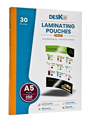 Láminas Plastificadoras A5 DESKit, Acabado Brillante, 30 Hojas, 250 micras – Extra Fuerte – Tamaño Manejable, Fácil de Limpiar, útil en Menús y Manuales de Instrucciones.