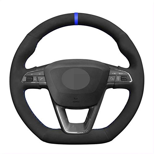 MDHANBK Volante del Coche de la Cubierta Cosida a Mano DIY Negro Gamuza Etiqueta de plástico Azul, para Seat Leon Cupra R 2013-2019 Ibiza Cupra Ateca FR Accesorios para el Coche