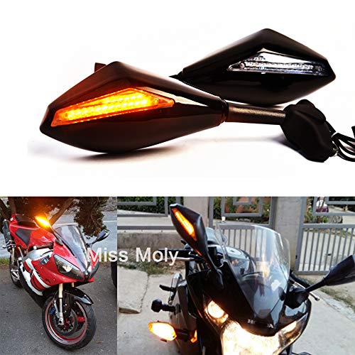 Motocicleta Espejos Retrovisores Laterales con Led Señal de Giro Indicador Integrado para CBR GSXR YZF Sportbike Racing Bikes(Negro Brillante + Lente Transparente)