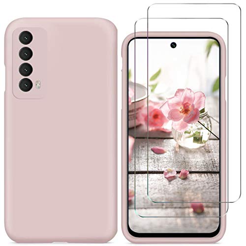 N+A YiKaDa - Funda Compatible con Huawei P Smart 2021 + [2 Unidades] Cristal Templado Protector de Pantalla, Cáscara Suave de Silicona TPU Líquida - Rosado