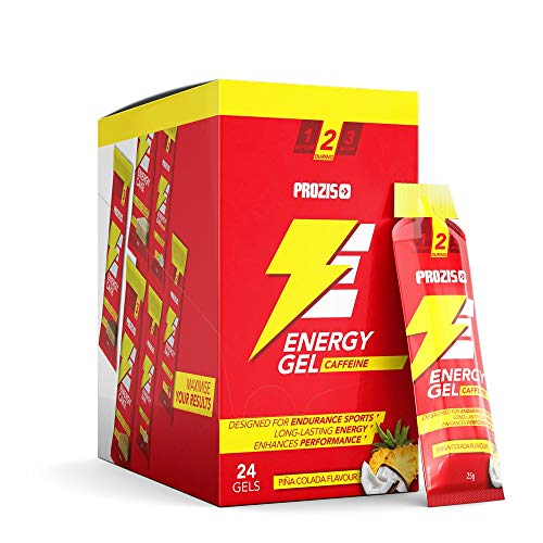 Prozis 24 x Energy Gel + Caffeine Fácil de Llevar Fuente de Hidratos de Carbono de Elevada Disponibilidad Enriquecido con Beta-Alanina y Cafeína, Piña Colada - 25 g