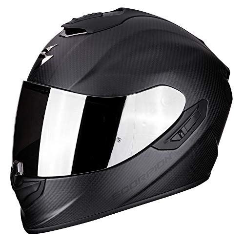 Scorpion - Casco integral EXO-1400 Solid negro mate de fibra de carbono para scooter moto con visera interna SpeedView solar retráctil, protección exterior TCT (XL)