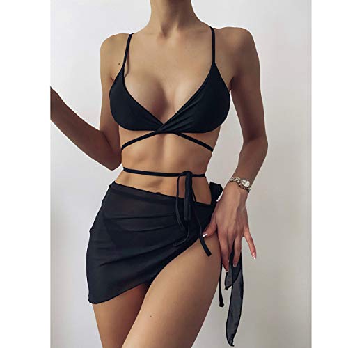 SRTUVDQ con Diseño De Ganchillo Ahuecado Bikini Cubierta De Gasa Falda Traje De Baño Sexy Explosión Trajes De Baño De Tres Piezas Nadar, Hacer Surf, Snorkel,Negro,M