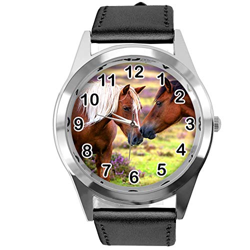 TAPORT Reloj redondo de cuero negro para los amantes de los caballos hermosos E2