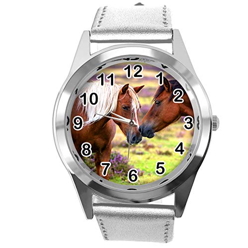 TAPORT Reloj redondo de cuero plateado para los amantes de los caballos E2