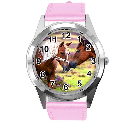 TAPORT Reloj redondo de cuero rosa para los fans de caballos hermosos E2