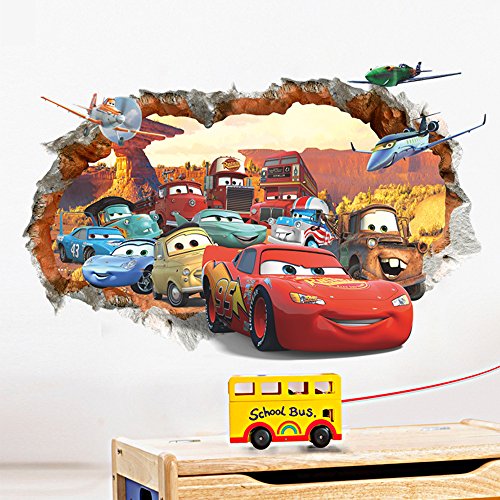 ufengke® 3D Pared Dañada Dibujos Animados Coches Aeronaves Pegatinas de Pared, Vivero Habitación de los Niños Removible Etiquetas de la Pared Murales