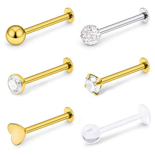 VFUN 16G Acero Inoxidable Labret Studs Monroe Labio Anillo Retenedores Cartilago Tragus Conch Helix Oreja Barbell Piercing Joyería con Claro CZ Mujer Hombre - Oro