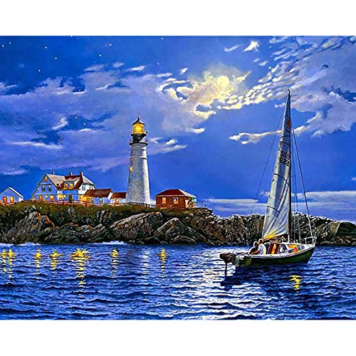 Bimkole 5d Diamond Painting Kit Bricolaje Arte Noche De Barco, Del Faro De La Orilla Del Río Pintura Diamantes Kits Estampados De Punto De Cruz Diamantes de Imitación Decoración de Pared, (40x50 cm)