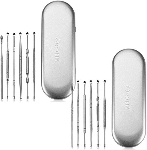 Kit extracción cera de oídos - 2 paquetes 6 piezas, Cureta de oídos de acero inoxidable para limpiado de oídos completo. Desatascador con estuche de almacenamiento.