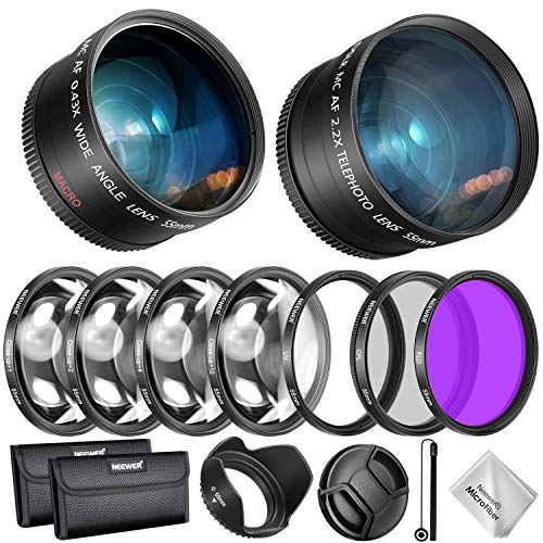 Neewer 55mm Kit Lente Filtro Accesorio para Nikon AF-P DX 18-55mm Lente Sony:Lente Gran Angular 0,43X,Lente Teleobjetivo 2,2X, Filtro UV/CPL/FLD Set Filtro Macro,Parasol,Tapa,Bolsa