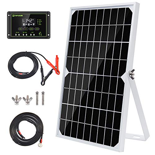 Topsolar 10 W 12 V panel solar, kit de mantenimiento de batería, regulador de carga solar impermeable de 10 A, soporte ajustable para bastidor basculante, cable solar para