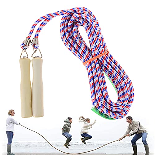 XPuing Cuerda larga de salto colorida de 5 metros, 7 metros, 10 metros, cuerda de saltar y juegos de cuerda de saltar con mango de madera para adultos y niños (rojo y azul, 10 m)