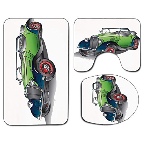 3Pcs Alfombra de baño antideslizante Juego de tapas de tapa de asiento de inodoro Alfombrilla de baño suave antideslizante Dibujado a mano Coche verde vintage convertible con llantas coloridas Diseño