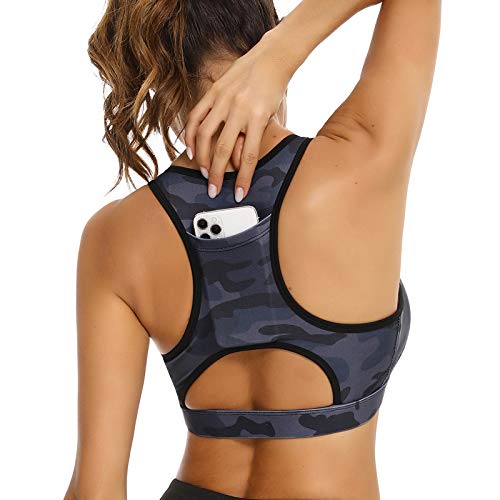 Aibrou Sujetador Deportivo con Bolsillos Mujer sin Costuras Sostén para Yoga Running Ropa Deportiva Camuflaje XL