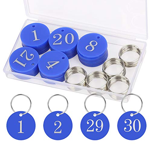 BIGKASI Llaveros de Numeros 30PCS AirSMall Llaveros con Anillo a Taquilla/Pub/Restaurante/Club/Saunas/Hoteles/Corporativo/Vestuario/Oficinas/Escuelas/Gimnasio/Negro/Circular/Identificacar（1-30） Azul