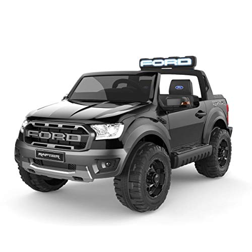 Coche eléctrico con Conductor Ford Raptor, Negro, Ruedas EVA, suspensión, Luces LED, Asiento de Cuero Doble, 2.4 GHz RC, Arranque con Llave, 2 X Motor, USB, Tarjeta SD, Licencia Original