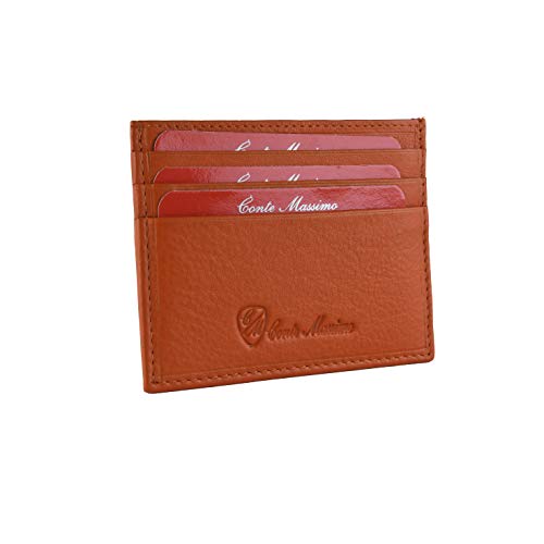 Conte Massimo, Tarjetero en cuero genuino, para hombre y mujer, con bolsillo Arancio Classico Classico