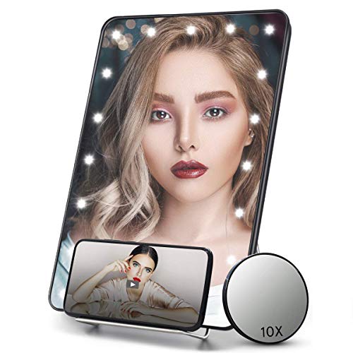 FASCINATE Espejo Maquillaje Portátil Iluminado con Soporte para Teléfono, Aumento 10x, LED Viaje Espejo de Mesa Vanidad de Pantalla Táctil Regulable Pequeño Espejo Colgante
