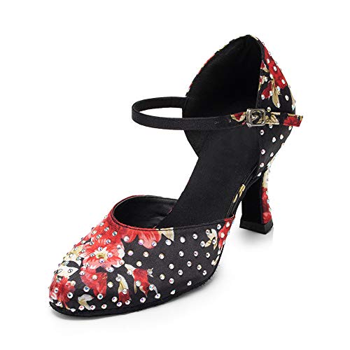 HIPPOSEUS Mujeres Salón de Baile Latino Zapatos Rhinestones Suela de Ante 8 cm,ESQ-CY-L141,Negro Color,EU 35