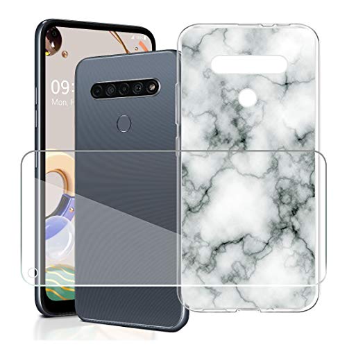 JIENI Funda + Cristal Templado para LG K61 (6.5"), Case Cover Transparente Silicona Carcasa luz Anti-Golpes Bumper Suave TPU Gel Caso HD Vidrio Pantalla Película Protectora - Canica