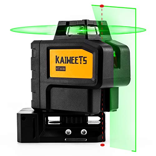 KAIWEETS KT360B 3D Nivel Láser Verde, Nivel Láser Autonivelante, 360º Laser Horizonte, Laser cruzado y 2 Puntos Verticales, Hasta 60m en Modo de Pulsado, Hasta 40 horas con 2 Baterias Cargadas, IP54